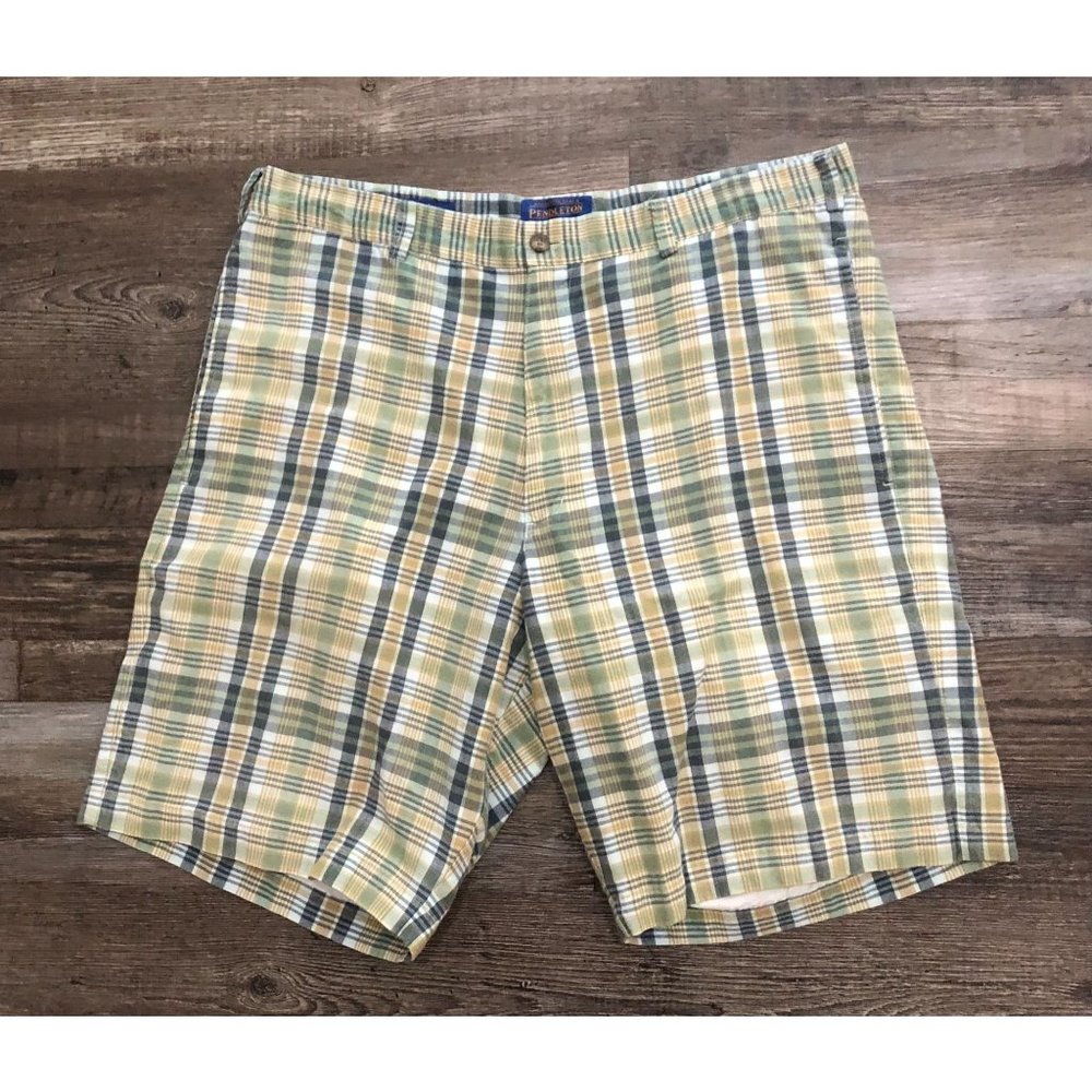 Pendleton Mens Size 36 Green & Blue Plaid Flat Front Casual Chino Shorts